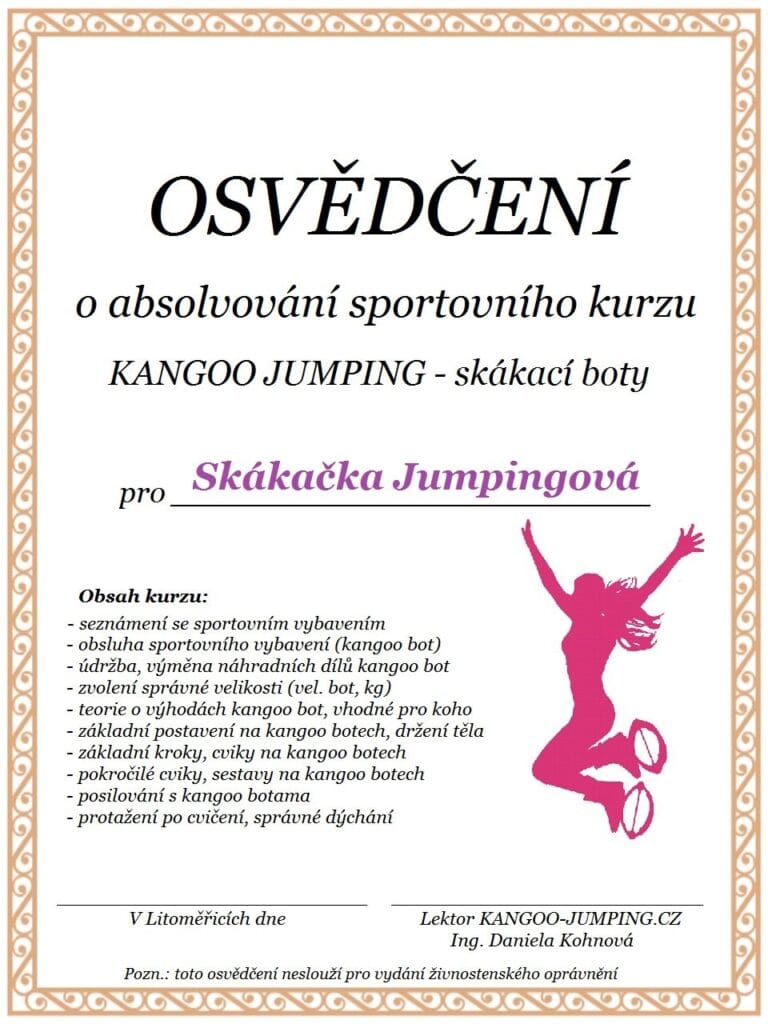 Osvědčení o absolvování sportovního kurzu Kangoo Jumping – skákací boty